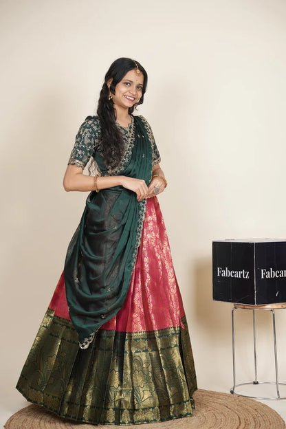 Beautiful South Indian Style Unstitch Half Saree with Embroidery Blouse and Dupatta for Women | Rashmika