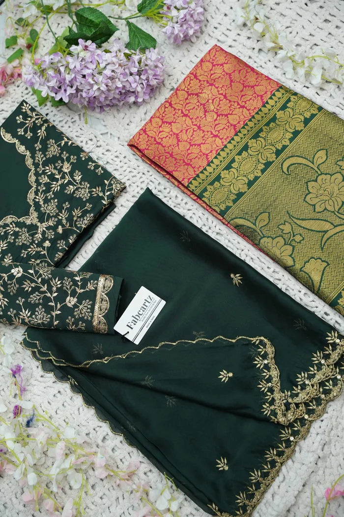 Beautiful South Indian Style Unstitch Half Saree with Embroidery Blouse and Dupatta for Women | Rashmika