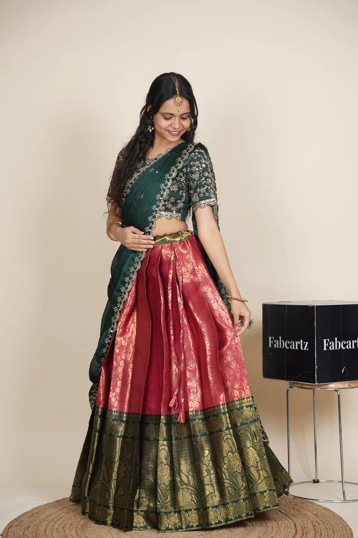 Beautiful South Indian Style Unstitch Half Saree with Embroidery Blouse and Dupatta for Women | Rashmika