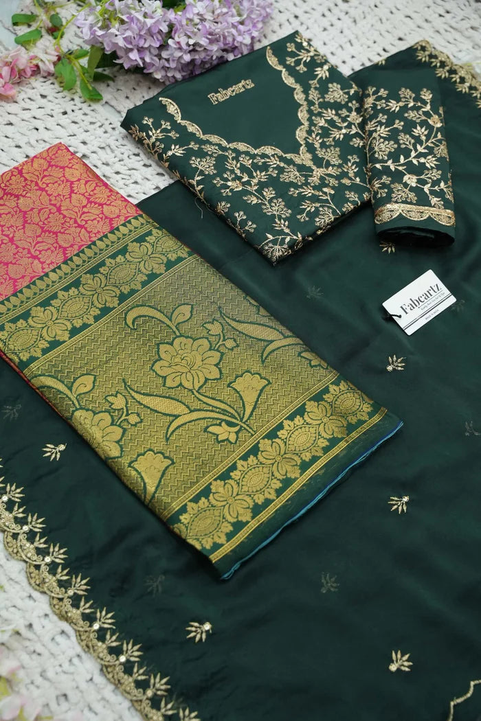 Beautiful South Indian Style Unstitch Half Saree with Embroidery Blouse and Dupatta for Women | Rashmika