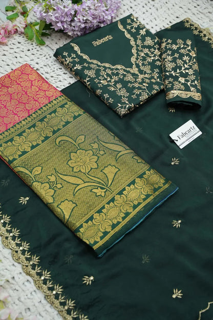Beautiful South Indian Style Unstitch Half Saree with Embroidery Blouse and Dupatta for Women | Rashmika
