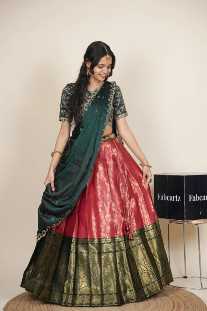Beautiful South Indian Style Unstitch Half Saree with Embroidery Blouse and Dupatta for Women | Rashmika