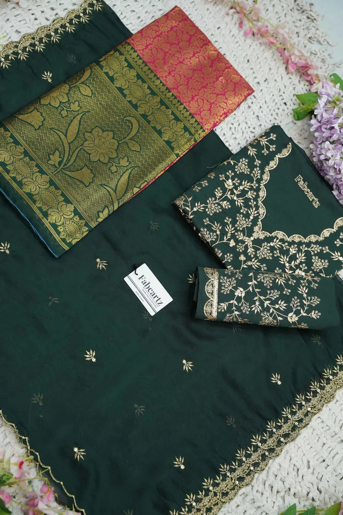 Beautiful South Indian Style Unstitch Half Saree with Embroidery Blouse and Dupatta for Women | Rashmika