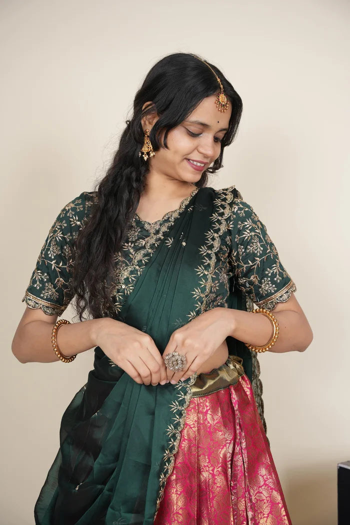 Beautiful South Indian Style Unstitch Half Saree with Embroidery Blouse and Dupatta for Women | Rashmika