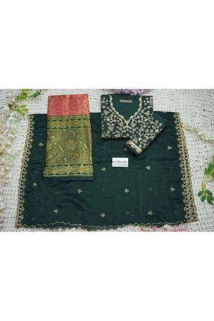 Beautiful South Indian Style Unstitch Half Saree with Embroidery Blouse and Dupatta for Women | Rashmika