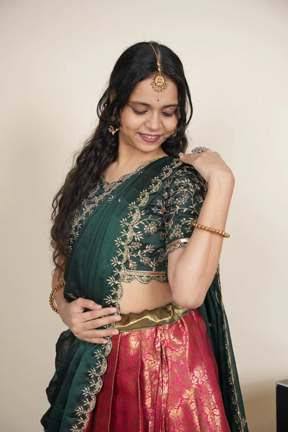Beautiful South Indian Style Unstitch Half Saree with Embroidery Blouse and Dupatta for Women | Rashmika