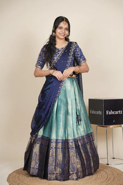 Beautiful South Indian Style Unstitch Half Saree with Embroidery Blouse and Dupatta for Women | Rashmika