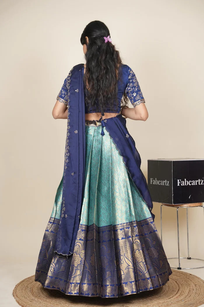Beautiful South Indian Style Unstitch Half Saree with Embroidery Blouse and Dupatta for Women | Rashmika