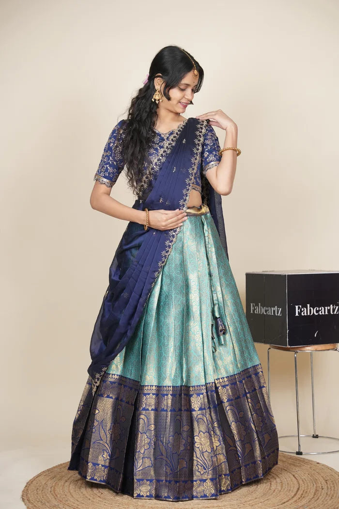Beautiful South Indian Style Unstitch Half Saree with Embroidery Blouse and Dupatta for Women | Rashmika