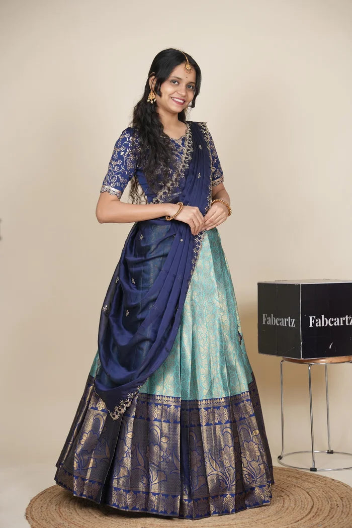 Beautiful South Indian Style Unstitch Half Saree with Embroidery Blouse and Dupatta for Women | Rashmika