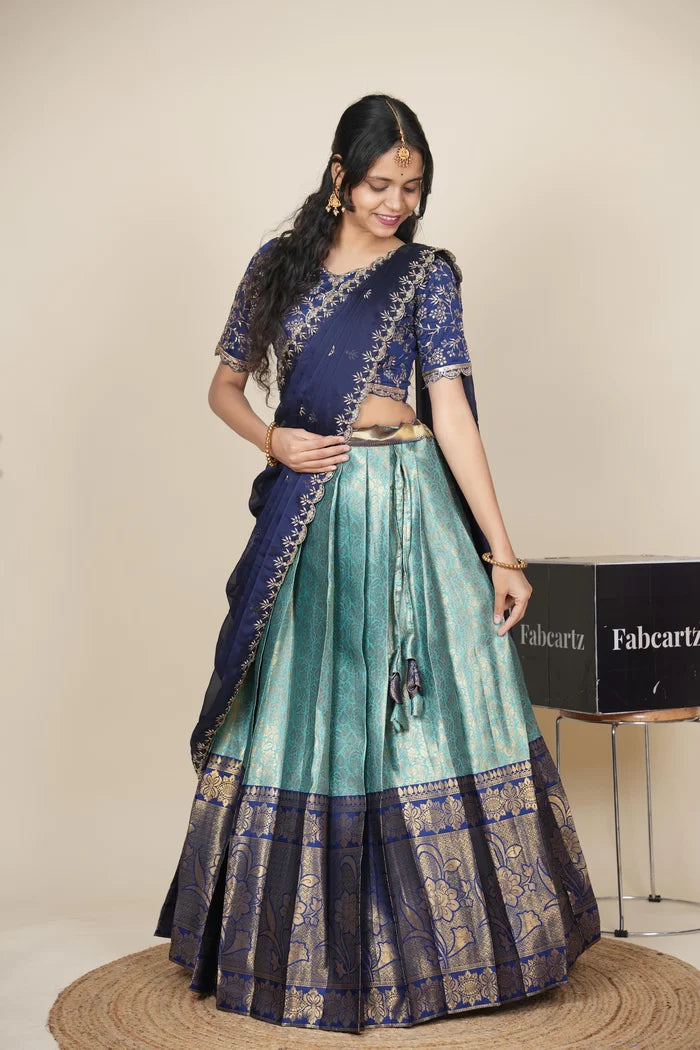 Beautiful South Indian Style Unstitch Half Saree with Embroidery Blouse and Dupatta for Women | Rashmika