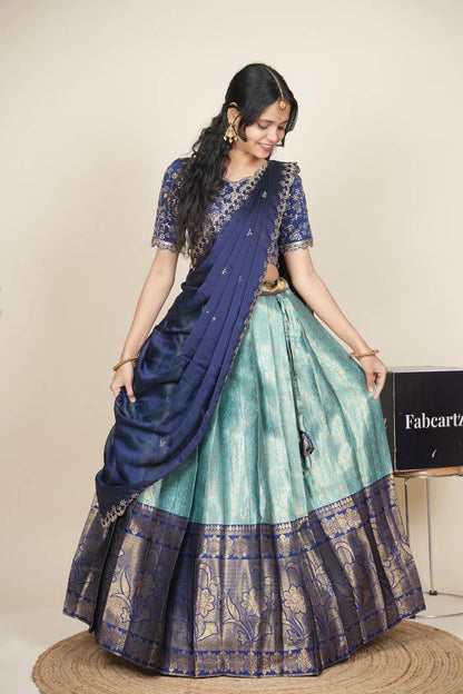 Beautiful South Indian Style Unstitch Half Saree with Embroidery Blouse and Dupatta for Women | Rashmika