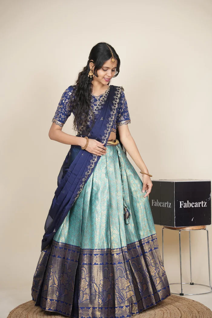 Beautiful South Indian Style Unstitch Half Saree with Embroidery Blouse and Dupatta for Women | Rashmika