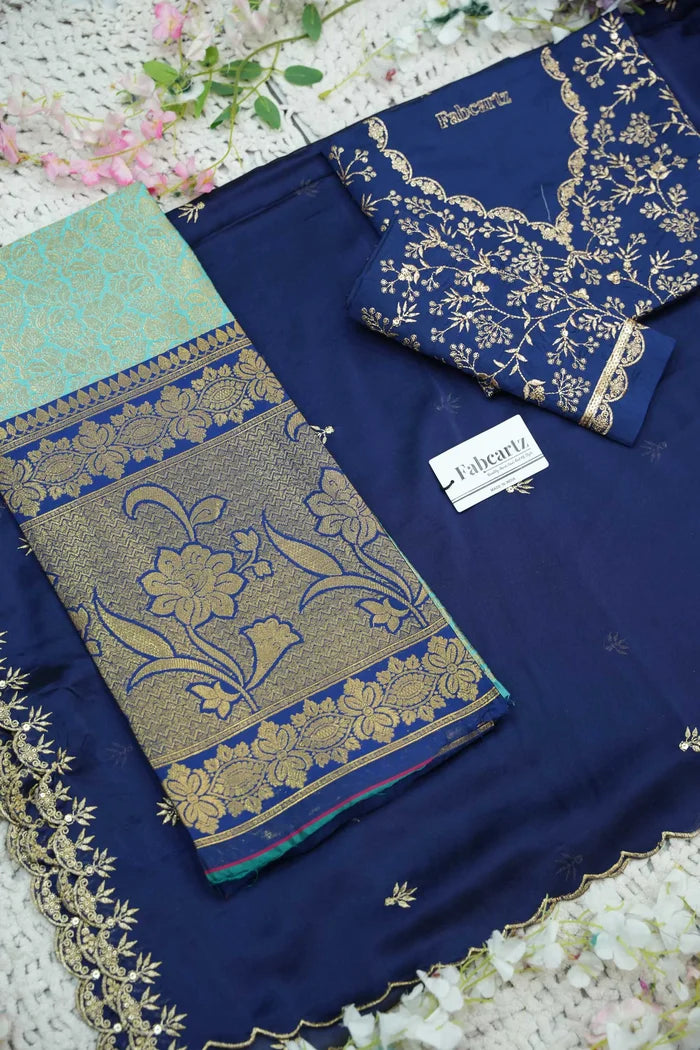 Beautiful South Indian Style Unstitch Half Saree with Embroidery Blouse and Dupatta for Women | Rashmika