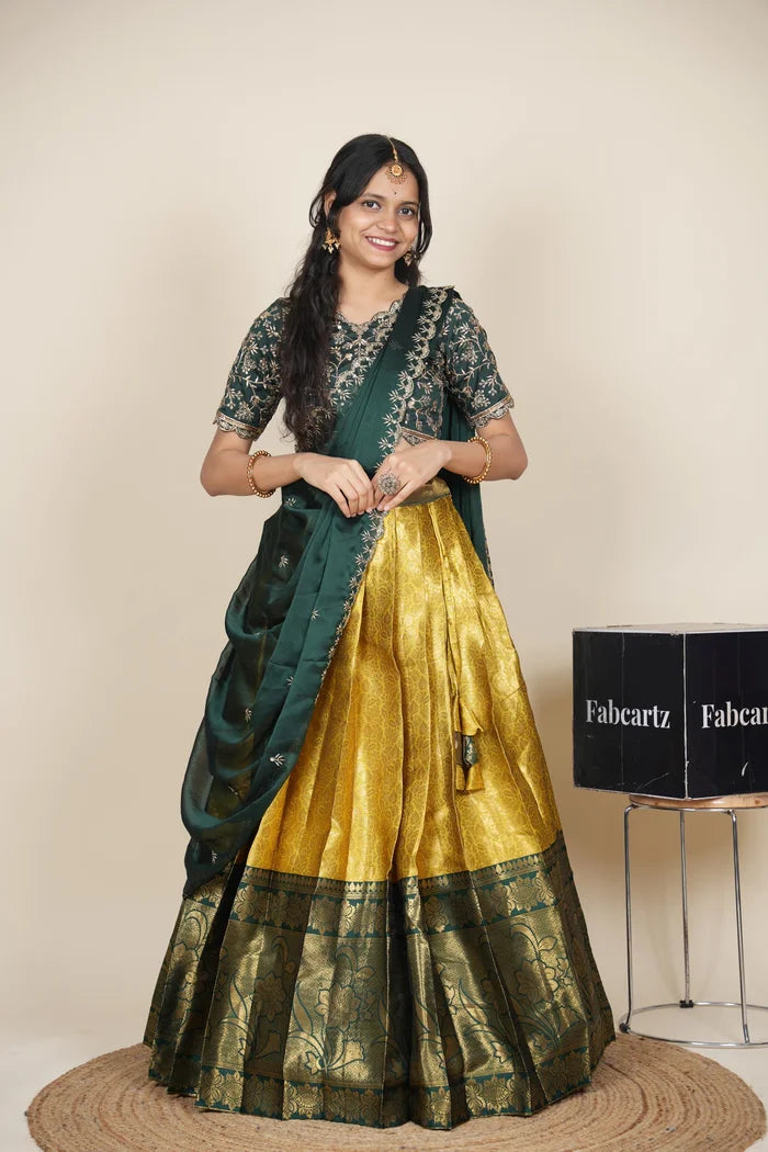 Beautiful South Indian Style Unstitch Half Saree with Embroidery Blouse and Dupatta for Women | Rashmika
