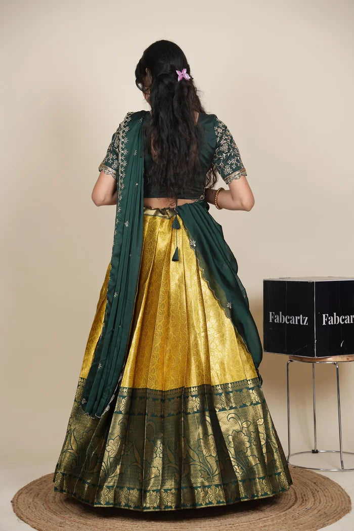 Beautiful South Indian Style Unstitch Half Saree with Embroidery Blouse and Dupatta for Women | Rashmika
