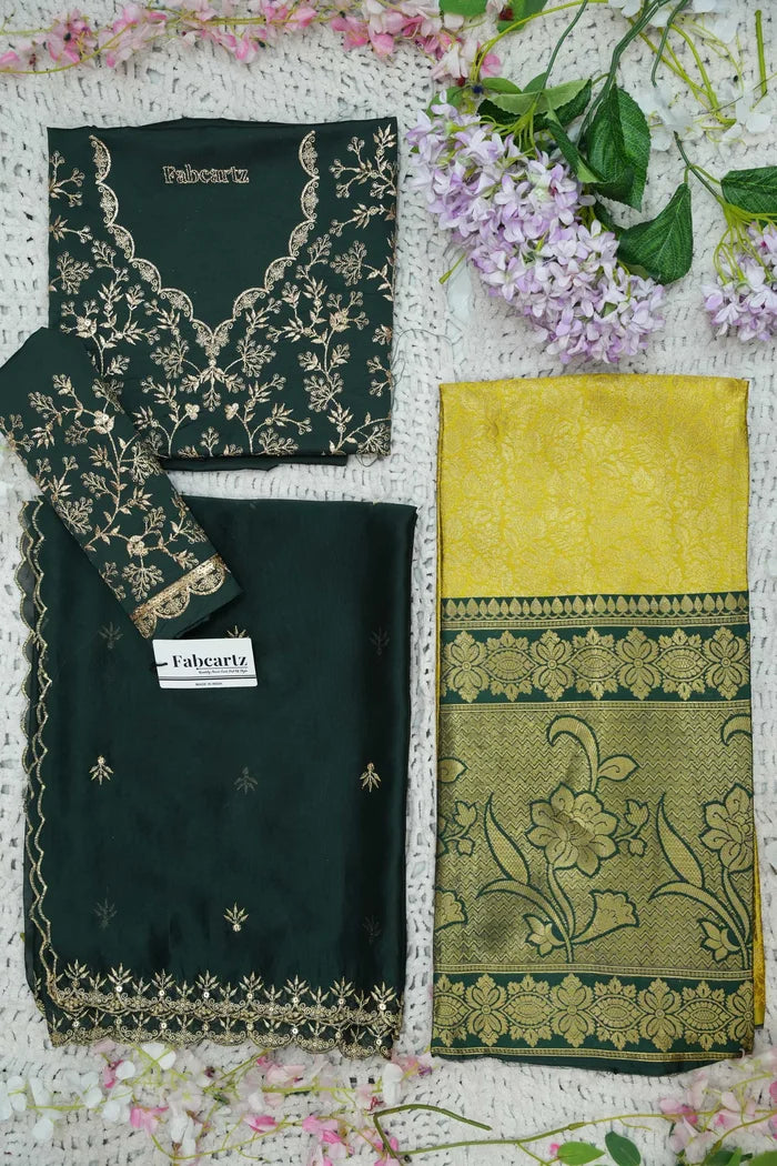 Beautiful South Indian Style Unstitch Half Saree with Embroidery Blouse and Dupatta for Women | Rashmika