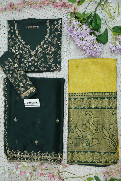 Beautiful South Indian Style Unstitch Half Saree with Embroidery Blouse and Dupatta for Women | Rashmika