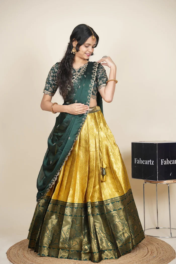 Beautiful South Indian Style Unstitch Half Saree with Embroidery Blouse and Dupatta for Women | Rashmika