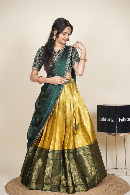 Beautiful South Indian Style Unstitch Half Saree with Embroidery Blouse and Dupatta for Women | Rashmika
