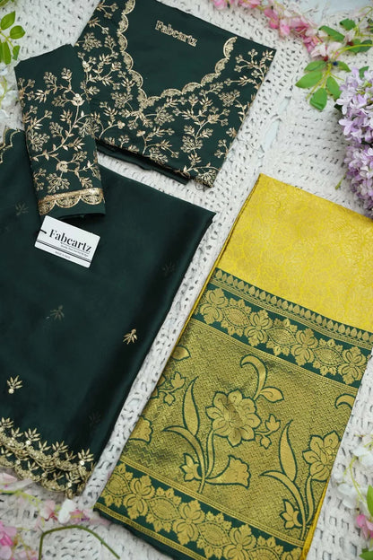 Beautiful South Indian Style Unstitch Half Saree with Embroidery Blouse and Dupatta for Women | Rashmika