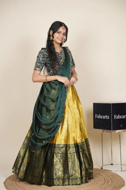 Beautiful South Indian Style Unstitch Half Saree with Embroidery Blouse and Dupatta for Women | Rashmika