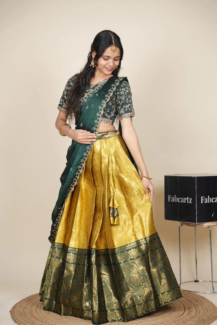 Beautiful South Indian Style Unstitch Half Saree with Embroidery Blouse and Dupatta for Women | Rashmika