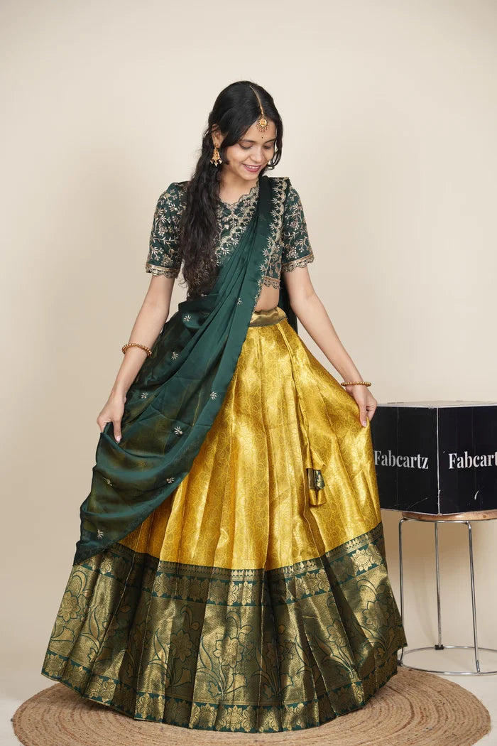 Beautiful South Indian Style Unstitch Half Saree with Embroidery Blouse and Dupatta for Women | Rashmika