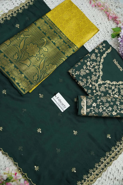 Beautiful South Indian Style Unstitch Half Saree with Embroidery Blouse and Dupatta for Women | Rashmika