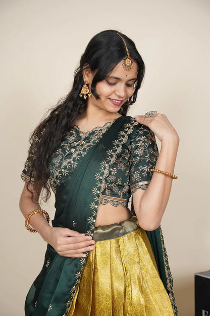 Beautiful South Indian Style Unstitch Half Saree with Embroidery Blouse and Dupatta for Women | Rashmika