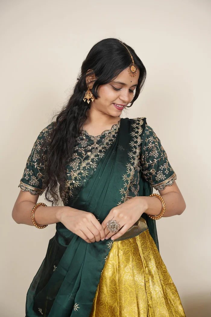 Beautiful South Indian Style Unstitch Half Saree with Embroidery Blouse and Dupatta for Women | Rashmika