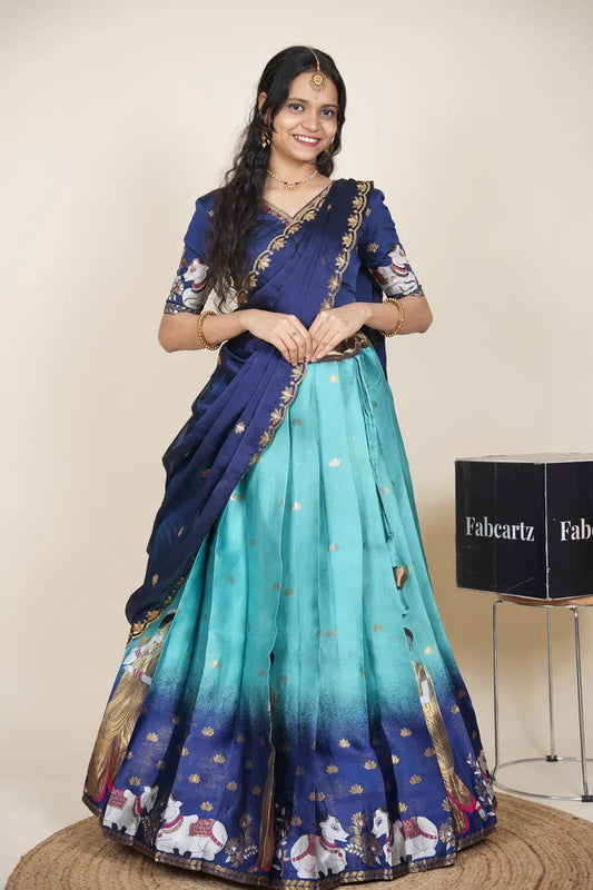 Beautiful South Indian Style Half Saree with Embroidery Blouse and Dupatta for Women | Gauri