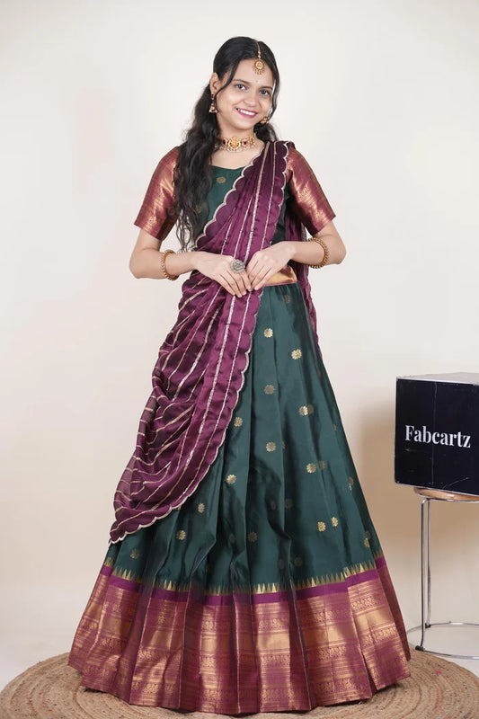 Beautiful South Indian Style Half Saree with Embroidery Blouse and Dupatta for Women | Hyderabadi Kv