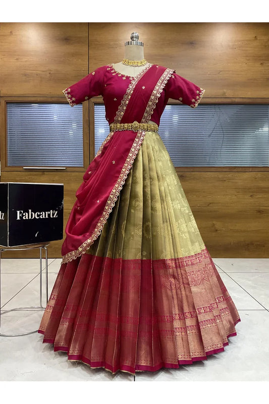 Beautiful South Indian Style Half Saree with Beads Work Blouse and Dupatta for Women | Hiral