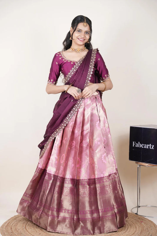Beautiful South Indian Style Half Saree with Beads Work Blouse and Dupatta for Women | Hiral Kv