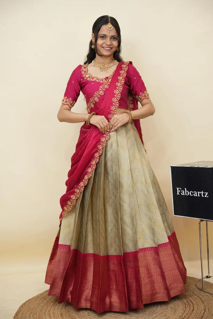 Beautiful South Indian Style Half Saree with Embroidery Work and Beads Work Blouse and Dupatta for Women | Mitali KV