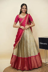 Beautiful South Indian Style Half Saree with Embroidery Work and Beads Work Blouse and Dupatta for Women | Mitali KV