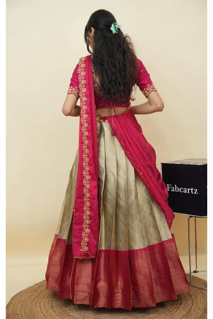 Beautiful South Indian Style Half Saree with Embroidery Work and Beads Work Blouse and Dupatta for Women | Mitali KV