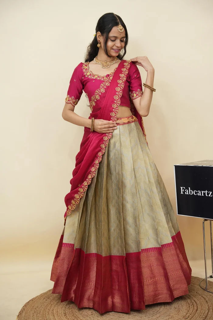 Beautiful South Indian Style Half Saree with Embroidery Work and Beads Work Blouse and Dupatta for Women | Mitali KV