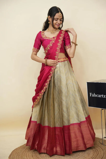 Beautiful South Indian Style Half Saree with Embroidery Work and Beads Work Blouse and Dupatta for Women | Mitali KV