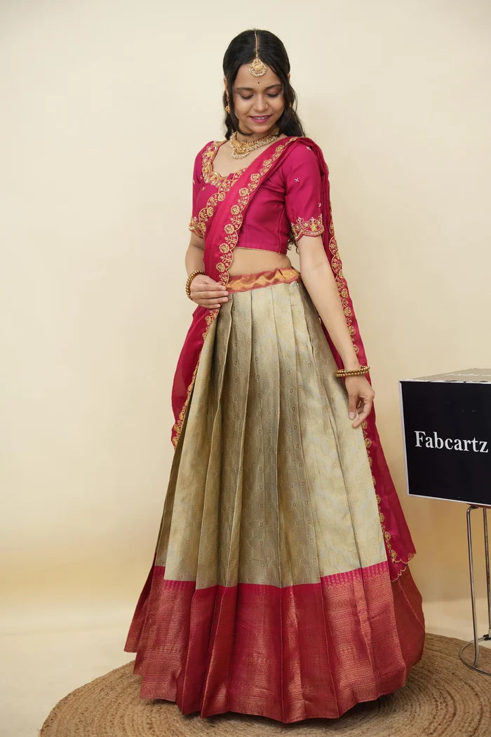 Beautiful South Indian Style Half Saree with Embroidery Work and Beads Work Blouse and Dupatta for Women | Mitali KV