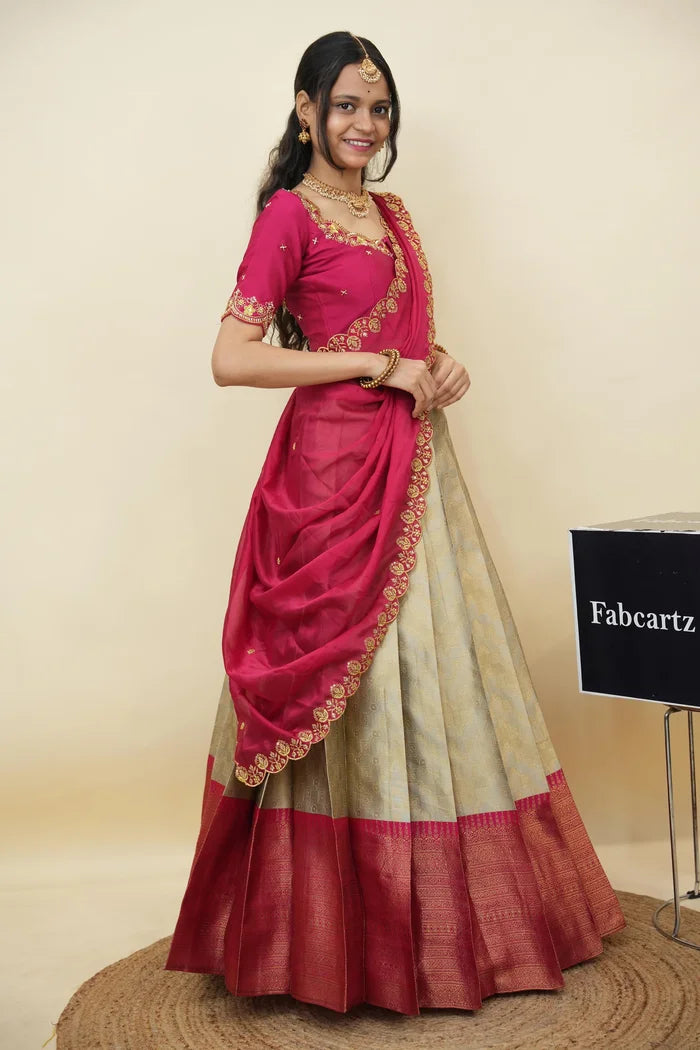 Beautiful South Indian Style Half Saree with Embroidery Work and Beads Work Blouse and Dupatta for Women | Mitali KV