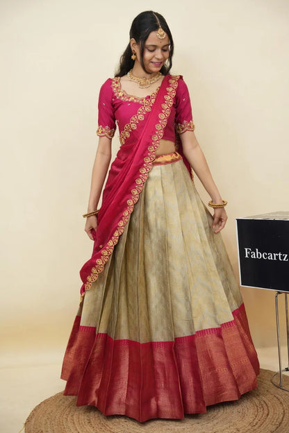 Beautiful South Indian Style Half Saree with Embroidery Work and Beads Work Blouse and Dupatta for Women | Mitali KV