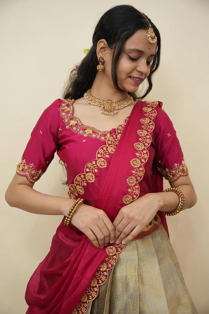 Beautiful South Indian Style Half Saree with Embroidery Work and Beads Work Blouse and Dupatta for Women | Mitali KV