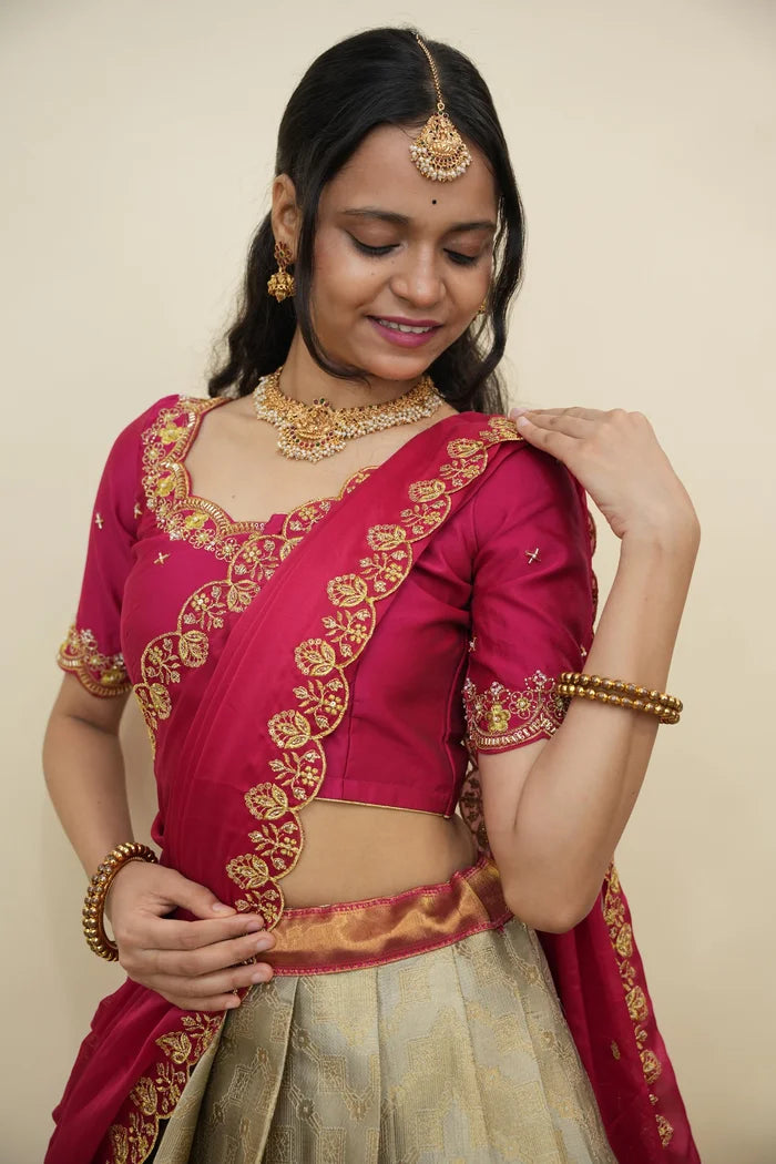Beautiful South Indian Style Half Saree with Embroidery Work and Beads Work Blouse and Dupatta for Women | Mitali KV