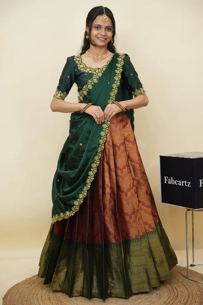 Beautiful South Indian Style Half Saree with Embroidery Work and Beads Work Blouse and Dupatta for Women | Mitali KV