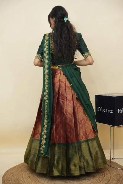 Beautiful South Indian Style Half Saree with Embroidery Work and Beads Work Blouse and Dupatta for Women | Mitali KV