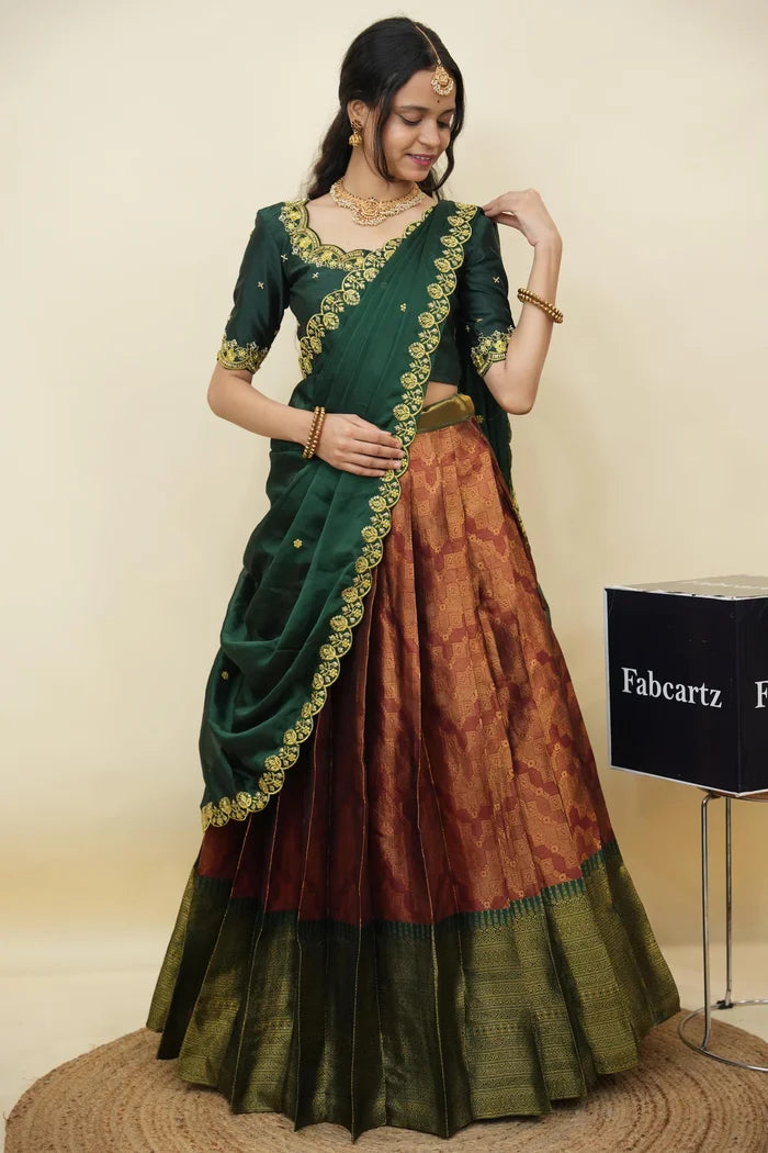 Beautiful South Indian Style Half Saree with Embroidery Work and Beads Work Blouse and Dupatta for Women | Mitali KV