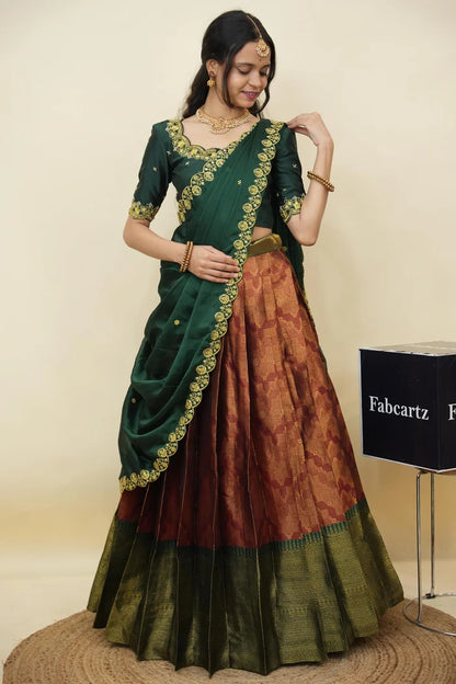 Beautiful South Indian Style Half Saree with Embroidery Work and Beads Work Blouse and Dupatta for Women | Mitali KV