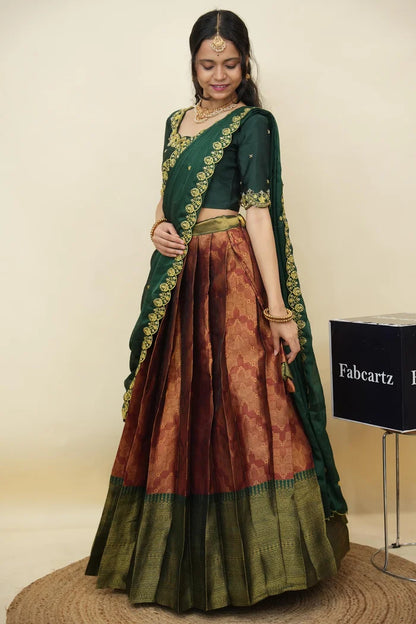 Beautiful South Indian Style Half Saree with Embroidery Work and Beads Work Blouse and Dupatta for Women | Mitali KV